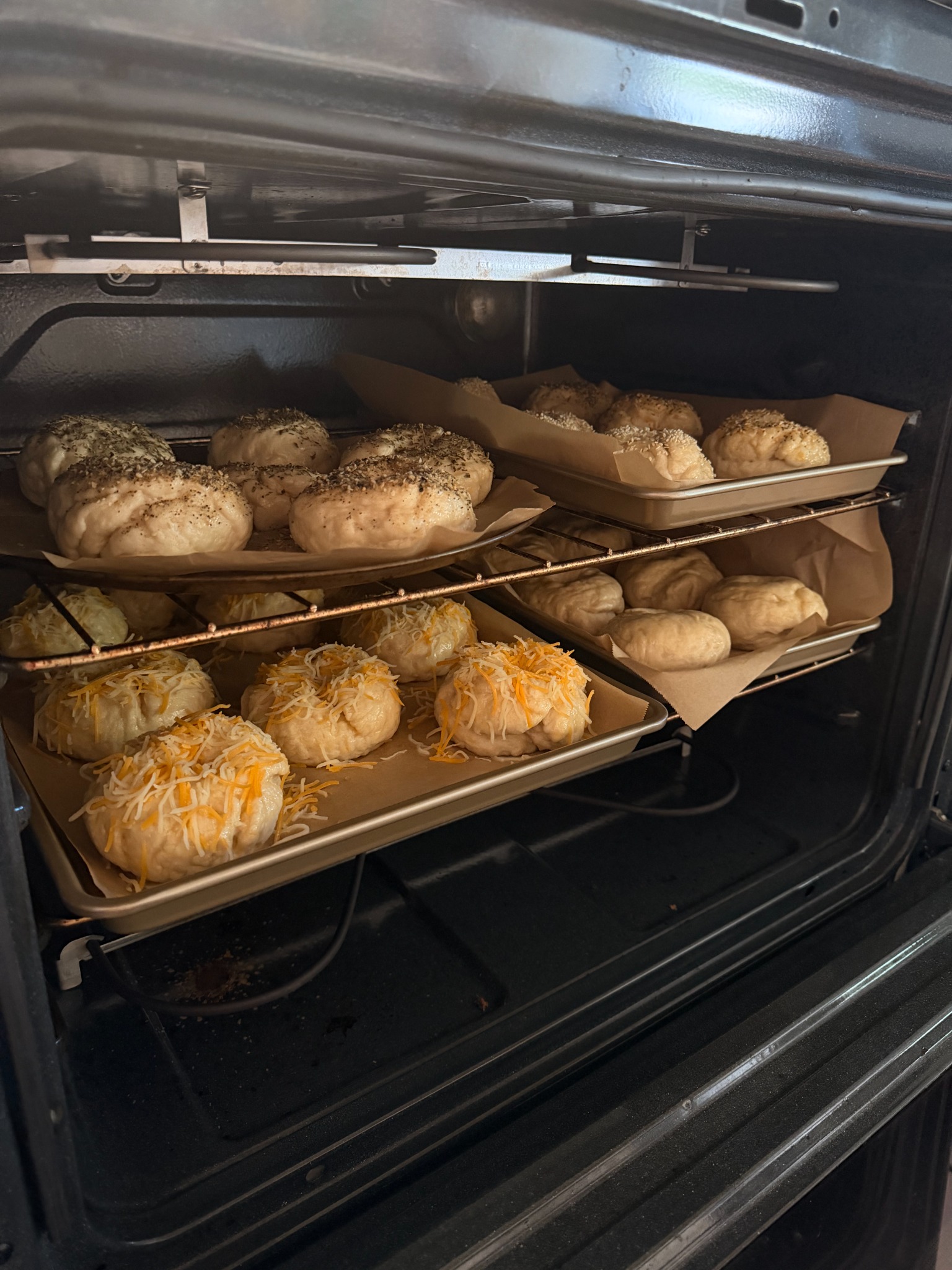 Freshly baked cinnamon rolls in a glass baking dish